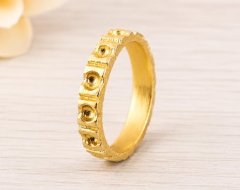 Gold Tone Brass Beaded Ring, Textured Geometric Band, Vintage Statement Jewelry