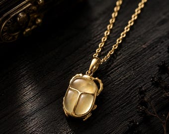 Gold Scarab Necklace, Brass PrehnitePendant, Egyptian Beetle Charm, Nature Jewelry