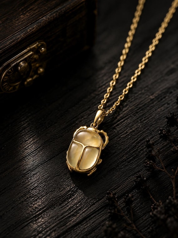 Gold Scarab Necklace, Brass PrehnitePendant, Egyptian Beetle Charm, Nature Jewelry