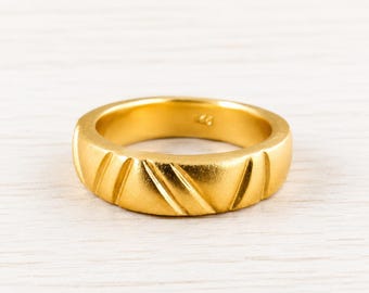 Gold Tone Brass Ring, Diagonal Engraved Ring, Textured Band, Minimalist Statement Jewelry