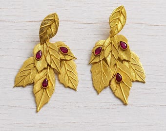 Brass Gold Leaf Ruby Earrings, Botanical Statement Jewelry