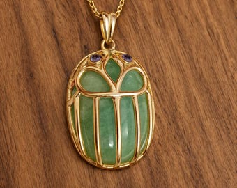 Gold Brass Scarab Beetle Necklace, Green Amazonite Amethyst Pendant