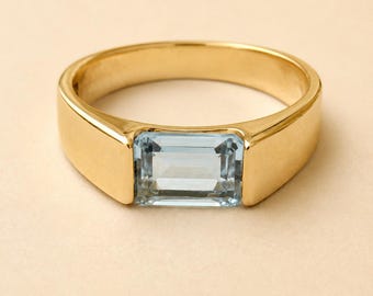 Blue Topaz Ring, Gold Tone Brass, Rectangular Faceted Gemstone, Men's Statement Jewelry