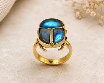 Beetle Ring: Blue Gemstone Brass Gold Plated Statement Ring – Nature Jewelry