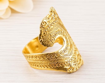 Gold Tone Brass Filigree Statement Ring, Ornate Openwork Boho Jewelry