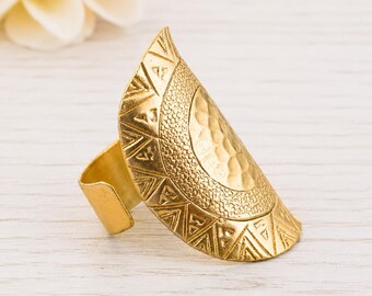 Gold Tone Brass Geometric Ring, Engraved Wide Band, Tribal Statement Jewelry