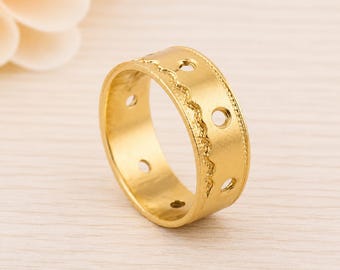 Gold Tone Brass Engraved Wide Band Ring, Ornate Cutout Design