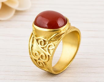 Oval Carnelian Cabochon Ring, Gold Tone Brass, Ornate Statement Jewelry