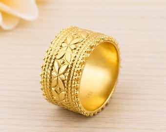 Gold Tone Brass Floral Ring, Engraved Wide Band, Botanical Jewelry