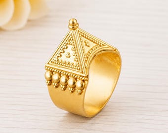 Ornate Brass Gold Tone Filigree Statement Ring, Geometric Boho Jewelry