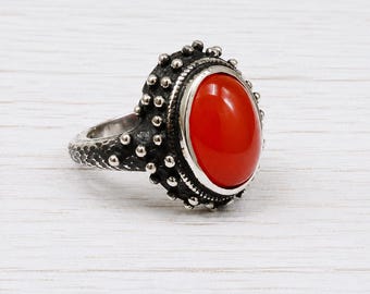Oval Carnelian Ring, Silver Tone Brass, Ornate Statement Jewelry