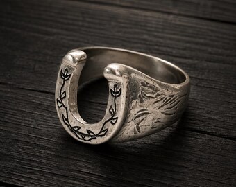 Silver Tone Brass Horseshoe Ring, Floral Vine Engraved Western Equestrian Statement Jewelry