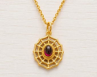 Garnet Pendant Necklace, Gold Tone Brass Web Design, Red Cabochon Jewelry