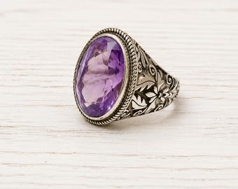Oval Amethyst Statement Ring, Silver-Tone Brass, Vintage Floral Scrollwork