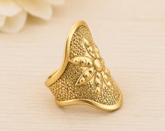 Gold Tone Brass Floral Ring, Engraved Botanical Statement Band