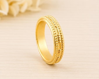 Textured Gold Tone Brass Beaded Band Ring, Wide Statement Jewelry