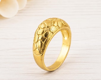 Textured Ring, Gold Tone Brass Ring, Raised Pattern Band, Wide Statement Jewelry