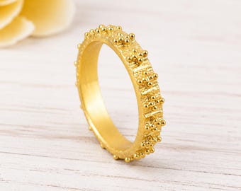Gold Tone Brass Beaded Ring, Textured Band, Vintage Statement Jewelry