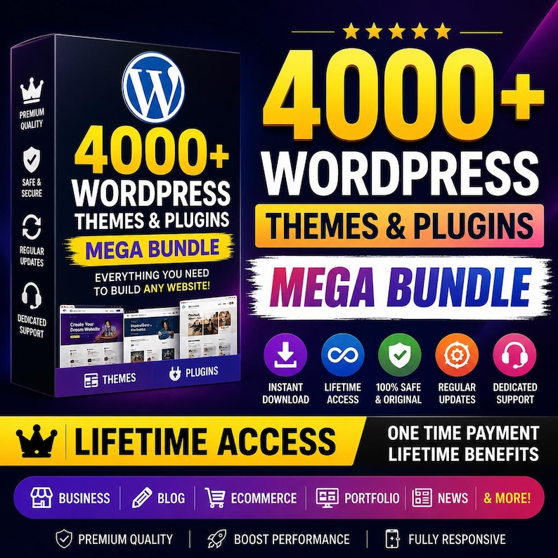 May include: A digital product box for a 4000+ WordPress themes and plugins mega bundle. The black box features the WordPress logo, yellow text, and icons for premium quality, safe and secure, regular updates, and dedicated support.