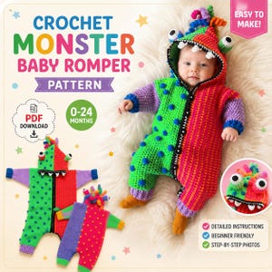 Puede incluir: Un patrón de crochet para pelele de bebé tipo monstruo con capucha, hilo colorido, lunares y ojos de monstruo. El texto dice CROCHET MONSTER BABY ROMPER PATTERN, PDF DOWNLOAD, 0-24 MONTHS, EASY TO MAKE, DETAILED INSTRUCTIONS, BEGINNER FRIENDLY, STEP-BY-STEP PHOTOS.