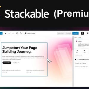 K&ouml;nnte beinhalten: Eine digitale Benutzeroberfl&auml;che f&uuml;r die Stackable Premium Seiten-Builder-Software. Der Bildschirm zeigt einen Layout-Editor mit dem Text Jumpstart Your Page Building Journey, einen Cursor und ein Seitenmen&uuml; mit Blockeinstellungen.
