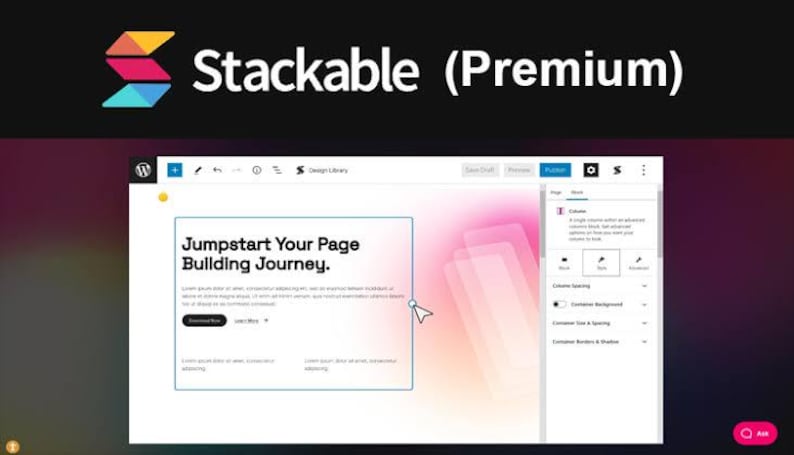 K&ouml;nnte beinhalten: Eine digitale Benutzeroberfl&auml;che f&uuml;r die Stackable Premium Seiten-Builder-Software. Der Bildschirm zeigt einen Layout-Editor mit dem Text Jumpstart Your Page Building Journey, einen Cursor und ein Seitenmen&uuml; mit Blockeinstellungen.