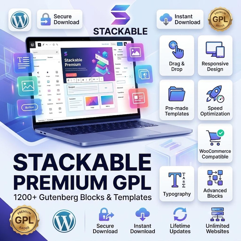 K&ouml;nnte beinhalten: Ein Laptop mit der Stackable Premium-Oberfl&auml;che und 1200+ Gutenberg-Bl&ouml;cken und Vorlagen. Die Grafik enth&auml;lt Symbole f&uuml;r Drag & Drop, responsives Design, vorgefertigte Vorlagen, Geschwindigkeitsoptimierung, WooCommerce-Kompatibilit&auml;t und mehr.