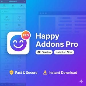 Könnte beinhalten: Eine digitale Grafik mit dem Text Happy Addons Pro und einem lila-blauen Smiley-Symbol mit Farbverlauf. Der Text umfasst GPL Version, Unlimited Sites, Fast & Secure sowie Instant Download vor einem blauen Hintergrund.
