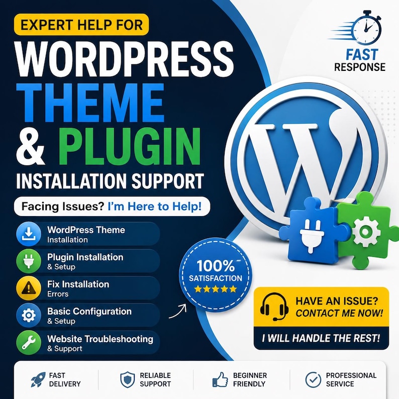 K&ouml;nnte beinhalten: Eine blau-wei&szlig;e Grafikwerbung f&uuml;r WordPress-Theme- und Plugin-Installationsunterst&uuml;tzung. Sie enth&auml;lt das WordPress-Logo, Puzzleteile, ein Uhrensymbol und Text, einschlie&szlig;lich Expert Help, Fast Response und 100% Satisfaction.