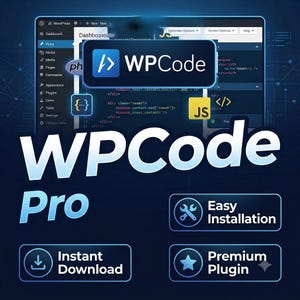Può includere: Una grafica digitale per WPCode Pro che mostra lo sfondo di una dashboard WordPress con frammenti di codice. Il testo WPCode Pro è in evidenza, accompagnato da icone per Easy Installation, Instant Download e Premium Plugin su uno sfondo blu scuro.
