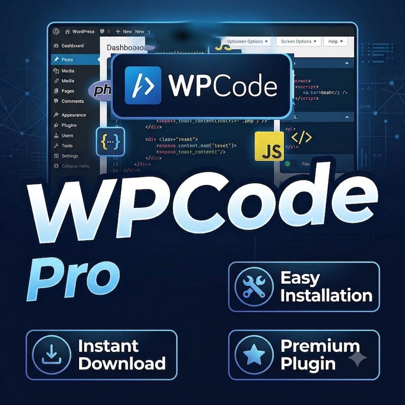 Op de afbeelding: Een digitale afbeelding voor WPCode Pro met een WordPress-dashboardachtergrond en codefragmenten. De tekst WPCode Pro is prominent aanwezig, vergezeld van iconen voor Easy Installation, Instant Download en Premium Plugin op een donkerblauwe achtergrond.