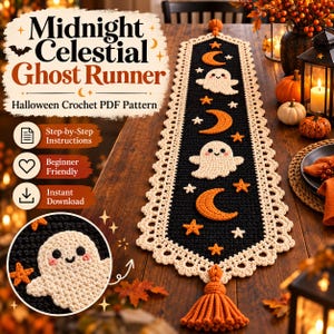 May include: A long, black crochet table runner featuring cream-colored ghosts, orange crescent moons, and orange stars. The runner has a decorative cream-colored scalloped border and an orange tassel at the end. Text reads Midnight Celestial Ghost Runner.