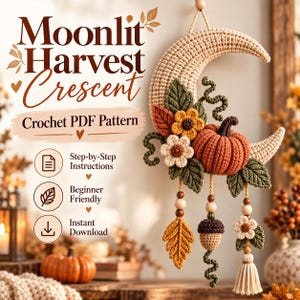 May include: A crochet wall hanging featuring a crescent moon adorned with a pumpkin, flowers, and leaves. The text reads Moonlit Harvest Crescent Crochet PDF Pattern, Step-by-Step Instructions, Beginner Friendly, and Instant Download.