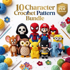Può includere: Un pacchetto digitale di 10 schemi all'uncinetto con personaggi amigurumi tra cui un teschio, Spider-Man, Mario, un uccellino arrabbiato, un topo, un gufo, Pikachu, Batman, un elefante e un minion, circondati da gomitoli e uncinetti.