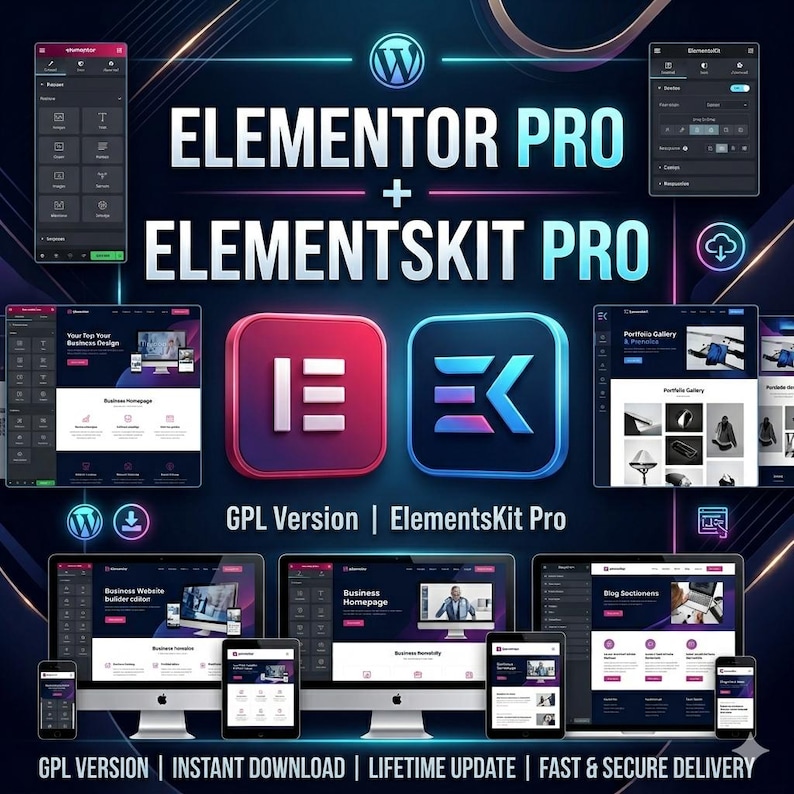 K&ouml;nnte beinhalten: Eine digitale Grafik mit dem Text ELEMENTOR PRO + ELEMENTSKIT PRO sowie den Logos beider Software-Tools. Das Bild zeigt verschiedene Website-Interface-Layouts auf Computermonitoren, Tablets und Smartphones vor einem dunklen Hintergrund.