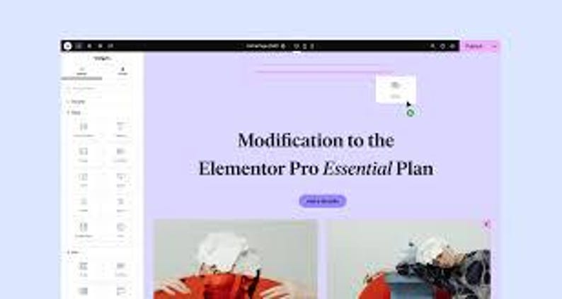 K&ouml;nnte beinhalten: Eine digitale Benutzeroberfl&auml;che zeigt einen Website-Editor mit hellviolettem Hintergrund. Der Text lautet Modification to the Elementor Pro Essential Plan. Unter dem Text befinden sich zwei Bilder einer Person in roter Kleidung und gemustertem Oberteil.