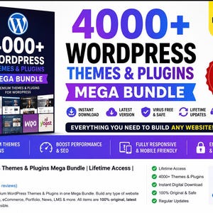 May include: A digital product advertisement for a 4000+ WordPress themes and plugins mega bundle. The graphic features a dark box, bold blue and white text, a yellow lifetime access badge, and a red one-time payment seal with feature icons.