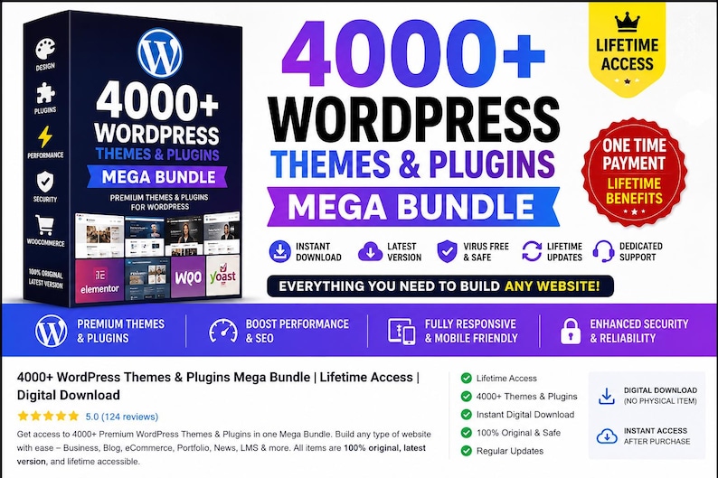 May include: A digital product advertisement for a 4000+ WordPress themes and plugins mega bundle. The graphic features a dark box, bold blue and white text, a yellow lifetime access badge, and a red one-time payment seal with feature icons.