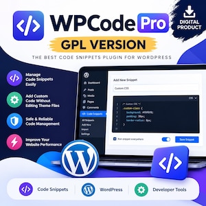 May include: A digital product advertisement for WPCode Pro GPL Version, a WordPress code snippets plugin. The graphic displays a laptop screen showing the plugin interface, alongside icons for code management, custom code, and performance tools.
