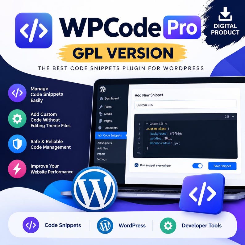 May include: A digital product advertisement for WPCode Pro GPL Version, a WordPress code snippets plugin. The graphic displays a laptop screen showing the plugin interface, alongside icons for code management, custom code, and performance tools.