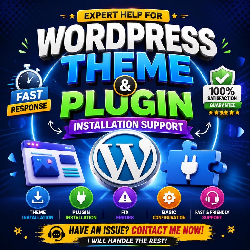 K&ouml;nnte beinhalten: Eine digitale Grafikwerbung f&uuml;r WordPress-Theme- und Plugin-Installationsunterst&uuml;tzung. Der Text lautet EXPERT HELP FOR WORDPRESS THEME & PLUGIN INSTALLATION SUPPORT, FAST RESPONSE, 100% SATISFACTION GUARANTEE und HAVE AN ISSUE? CONTACT ME NOW!