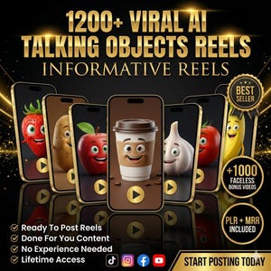 May include: A digital collection of 1200+ viral AI talking objects reels featuring animated characters like a strawberry, potato, apple, coffee cup, garlic, tomato, and banana on smartphone screens with gold text and social media icons.
