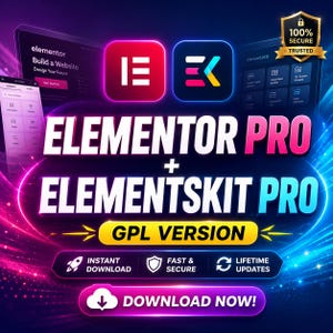 Könnte beinhalten: Eine digitale Grafik mit dem Text Elementor Pro + ElementsKit Pro GPL Version. Das Design enthält Symbole für Elementor und ElementsKit, ein 100% secure Abzeichen sowie Schaltflächen mit der Aufschrift Instant Download, Fast & Secure, Lifetime Updates und Download Now.