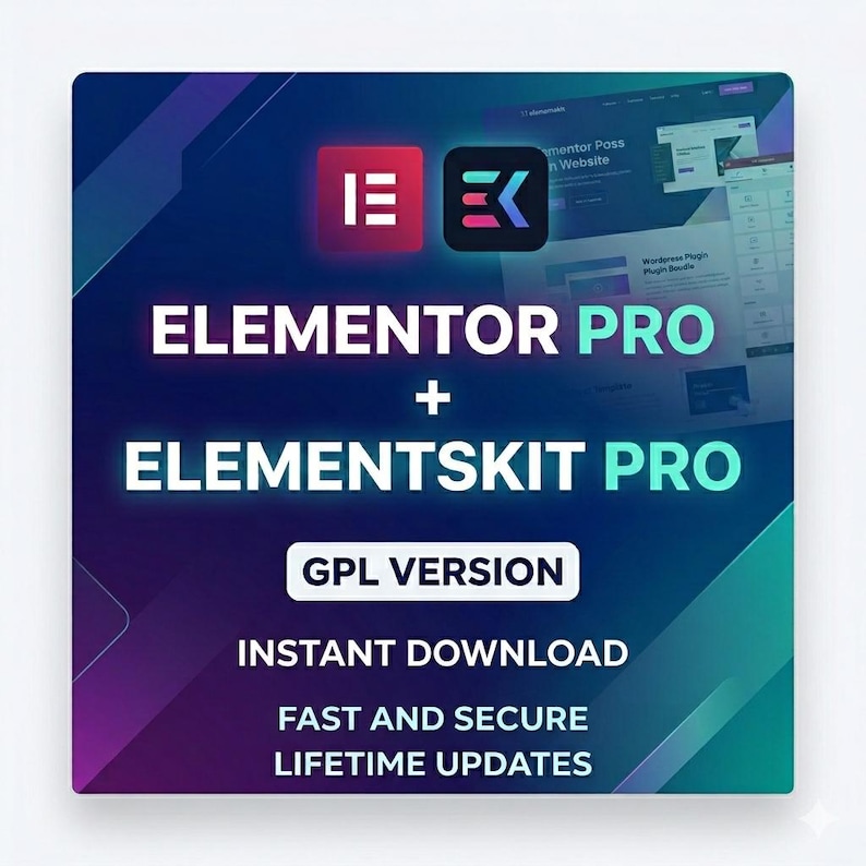 K&ouml;nnte beinhalten: Eine digitale Grafik mit dem Text Elementor Pro + ElementsKit Pro, GPL Version, Instant Download, Fast and Secure und Lifetime Updates. Das Design verwendet einen Farbverlauf in Lila, Blau und T&uuml;rkis mit zwei quadratischen Symbolen.
