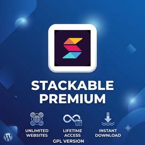 May include: A digital graphic featuring the text STACKABLE PREMIUM in white, centred below a square icon with a stylised letter S in yellow, pink, and blue. Below, three icons represent unlimited websites, lifetime access, and instant download.