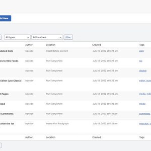 May include: A WPCode software interface displaying a table titled All Snippets. The list includes entries like Display the Last Updated Date, Disable XML-RPC, and Allow SVG Files Upload, with columns for Name, Author, Location, Created, Tags, and Status.