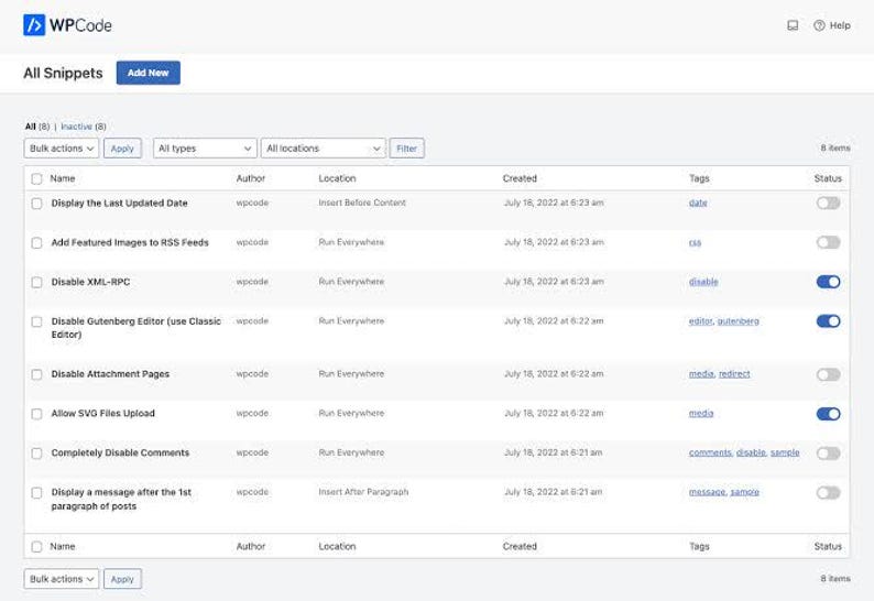 May include: A WPCode software interface displaying a table titled All Snippets. The list includes entries like Display the Last Updated Date, Disable XML-RPC, and Allow SVG Files Upload, with columns for Name, Author, Location, Created, Tags, and Status.