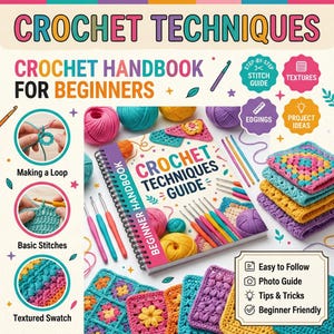 Puede incluir: Un manual de técnicas de ganchillo encuadernado en espiral rodeado de ovillos de lana de colores y ganchillos. La portada muestra el texto Crochet Techniques Guide y Beginner Handbook. Incluye recuadros circulares con pasos.