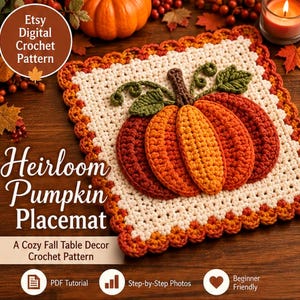 Puede incluir: Un mantel individual de ganchillo cuadrado con un motivo central de calabaza en tonos naranja, rojo y amarillo, con hojas verdes y un tallo marrón. El mantel tiene un centro de color crema y un borde festoneado en hilo naranja y rojo.