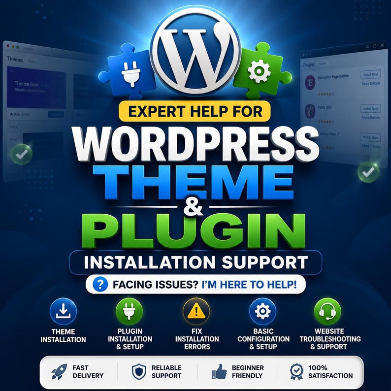 K&ouml;nnte beinhalten: Eine digitale Grafik mit dem WordPress-Logo und blauen sowie gr&uuml;nen Puzzleteilen. Der Text lautet: EXPERT HELP FOR WORDPRESS THEME & PLUGIN INSTALLATION SUPPORT. FACING ISSUES? I'M HERE TO HELP! Symbole stehen f&uuml;r Theme- und Plugin-Installation, Fehlerbehebung, Konfiguration und Support-Dienste.